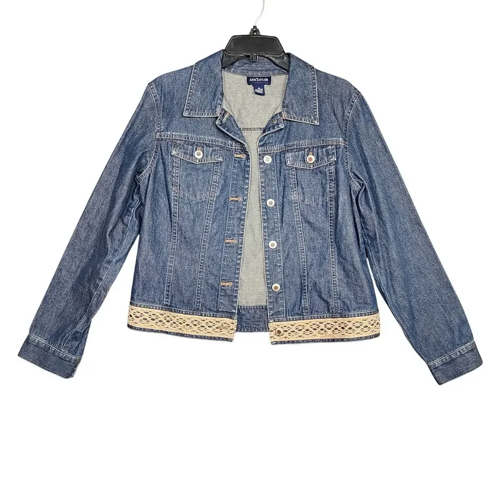 Ann Taylor Denim Jacket‎ Lace Hem Size Medium 100% Cotton